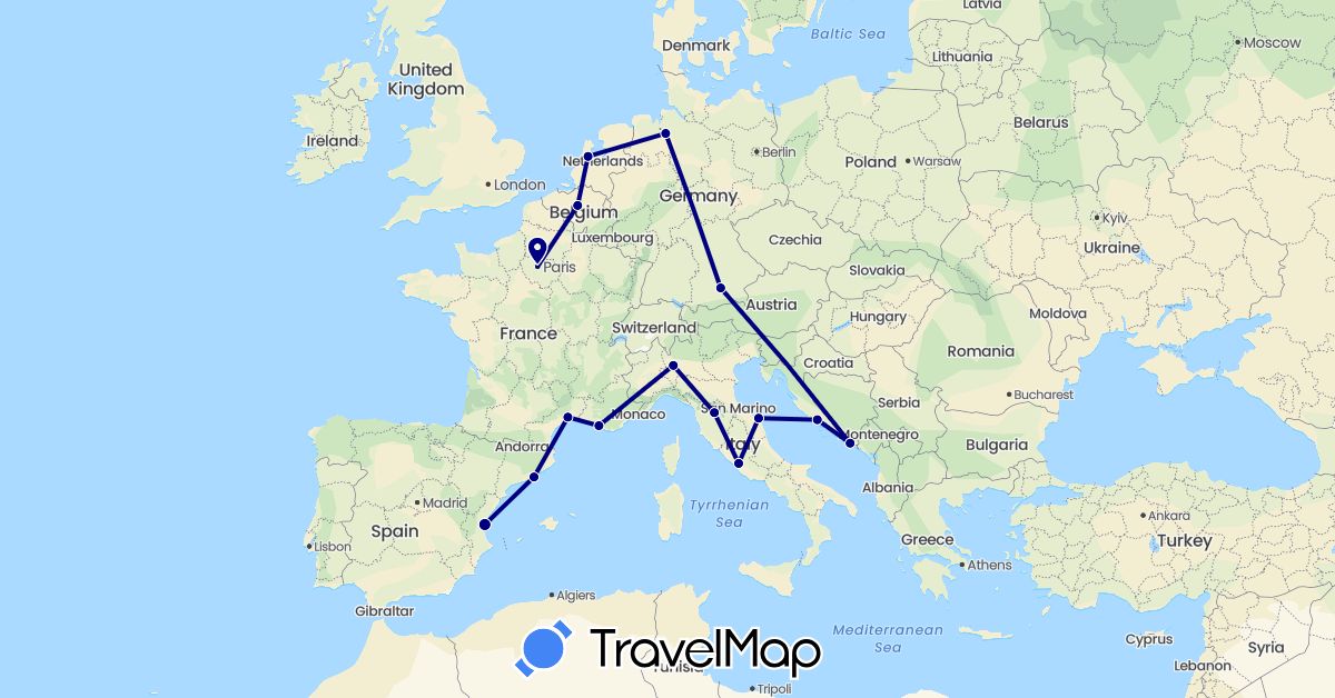 TravelMap itinerary: driving in Belgium, Germany, Spain, France, Croatia, Italy, Netherlands (Europe)